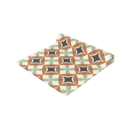 Mid Century Modern Interlocking Geometric, Terracotta Sage Charcoal Table Runner - Mid Century Modern Gal