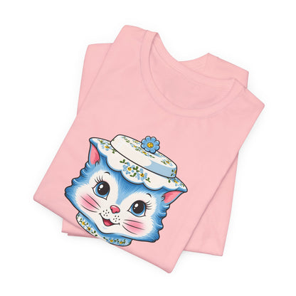 Mid Century Modern Kitschy Anthropomorphic Blue Cat with Floral Hat Unisex T-Shirt