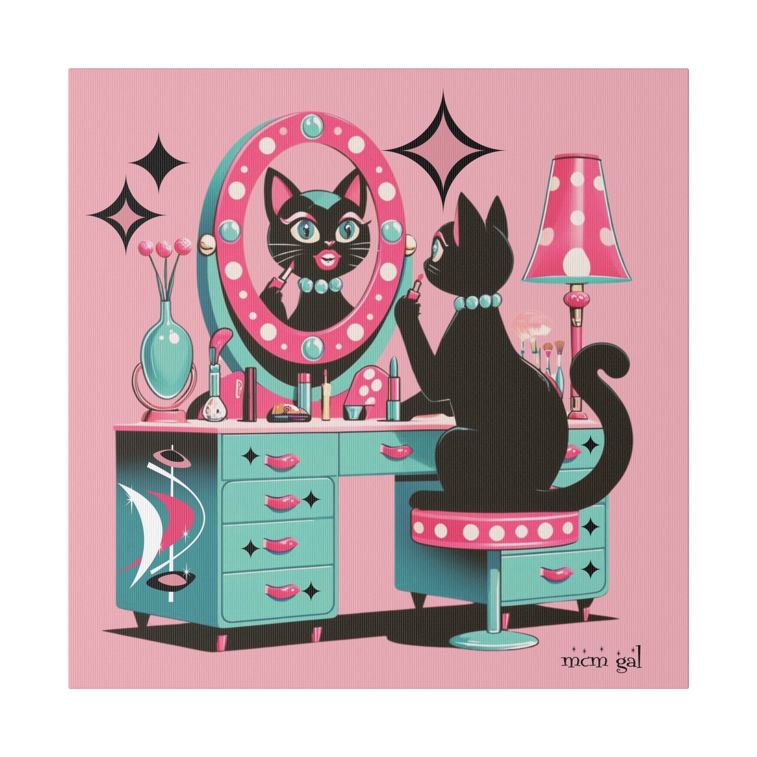Atomic Cat Wall Art, Mid Mod Pink Boutique Atomic 50s Vanity Pretty Glam Cat Matte Canvas