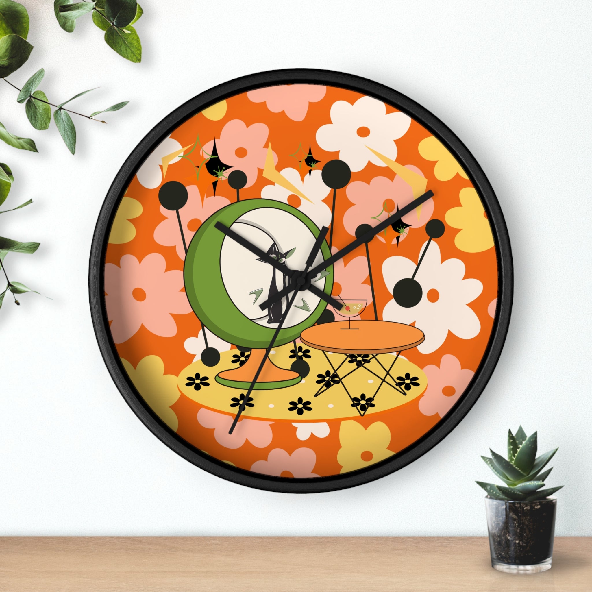 Atomic Cat Mid Century Modern Groovy Retro Floral Cat Wall Clock - Vintage Home Decor - Mid Century Modern Gal