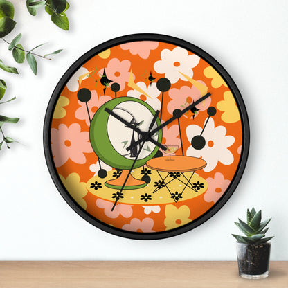Atomic Cat Mid Century Modern Groovy Retro Floral Cat Wall Clock - Vintage Home Decor - Mid Century Modern Gal