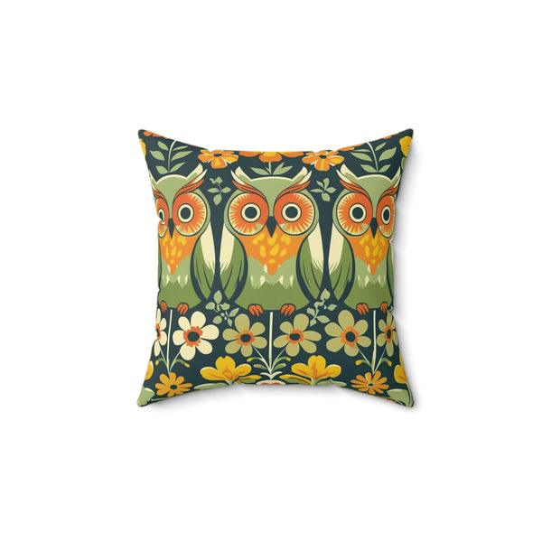 Retro Owl Flower Power Groovy 70s Floral Green, Orange Fall Pillow And Insert