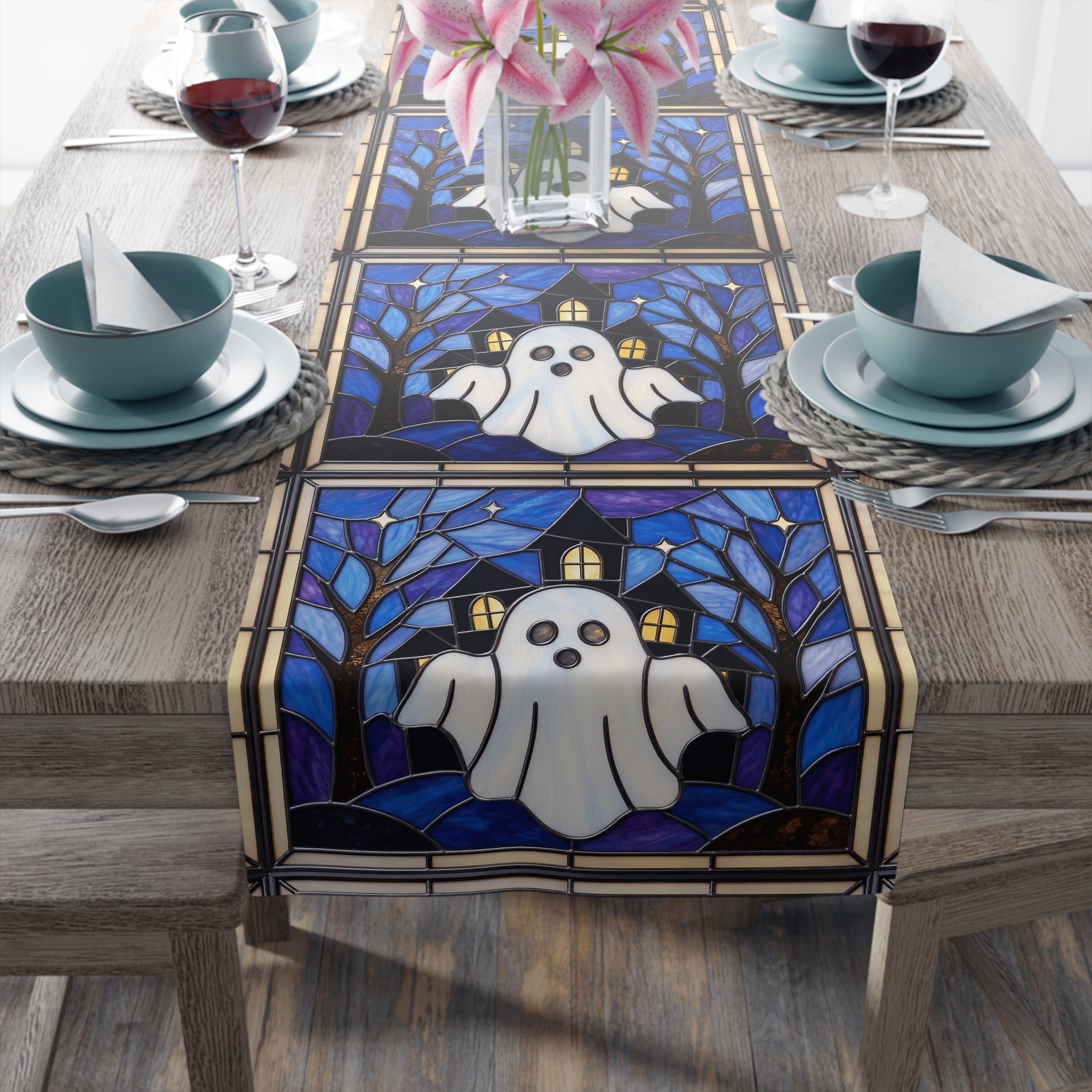 Halloween Stained Glass Style Ghost Haunted House Table Runner