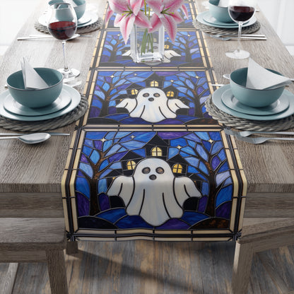Halloween Stained Glass Style Ghost Haunted House Table Runner