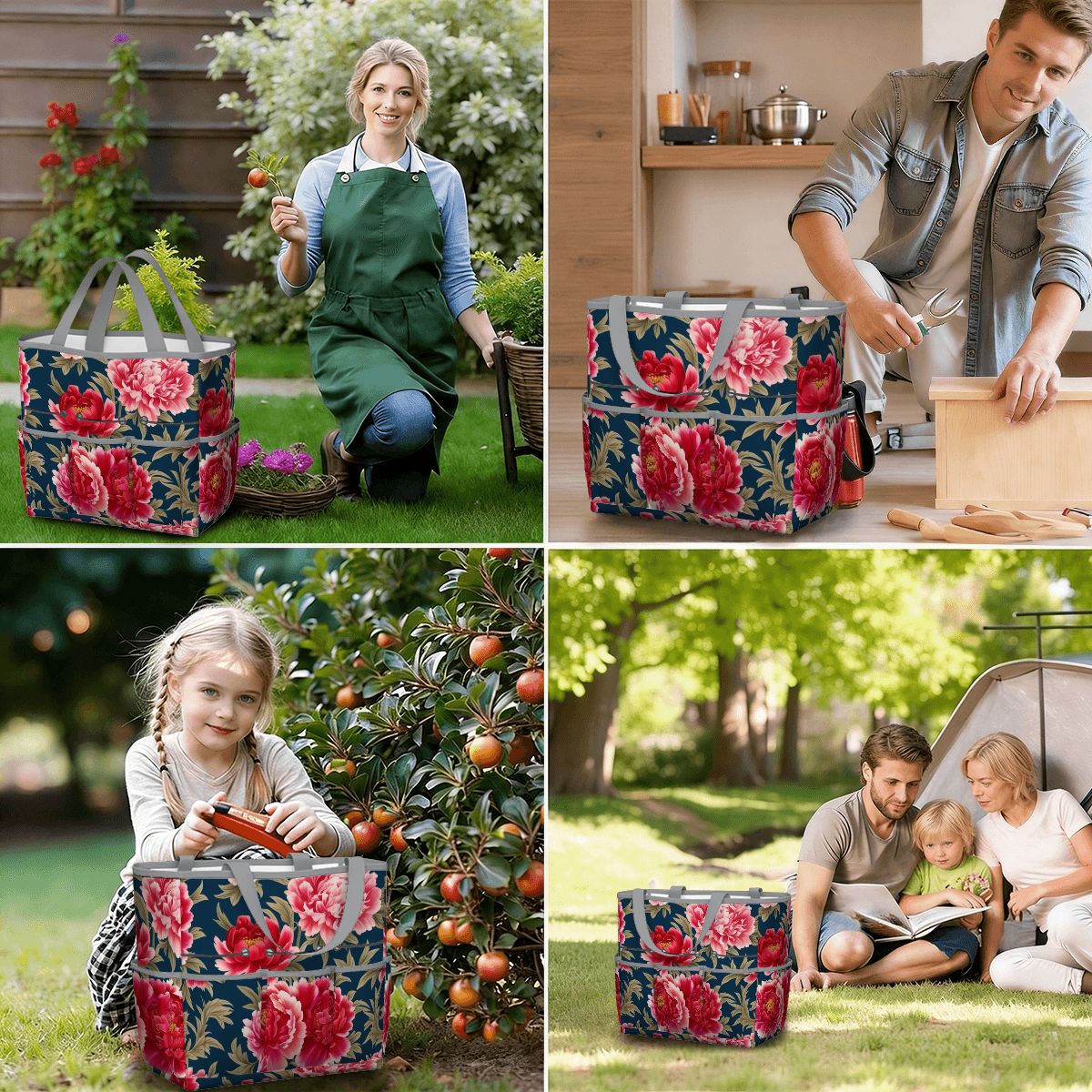 Modern Chinoiserie Royal Blue, Pink Red Floral Garden Tool Bag