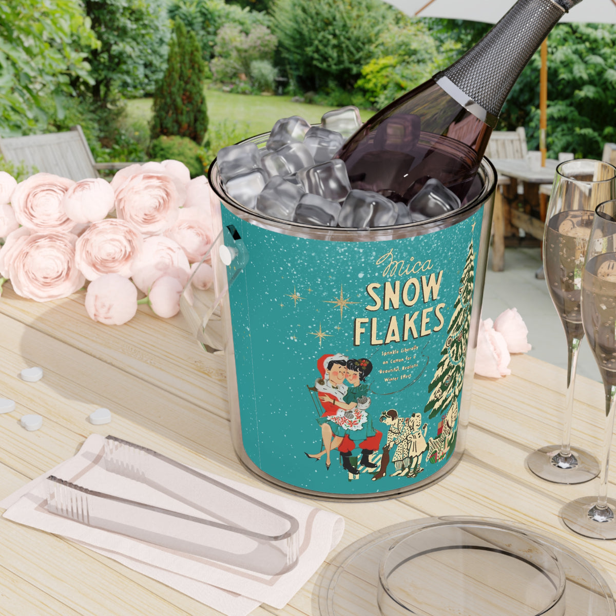Mid Century Modern 50s Kitschy Christmas, Mica Snow, Holiday Kitsch Ice Bucket with Tongs By MCM GAL - Mid Century Modern Gal