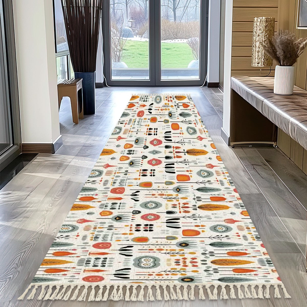 Mid Century Modern Scandinavian Designed Retro Runner Rug with Tassels