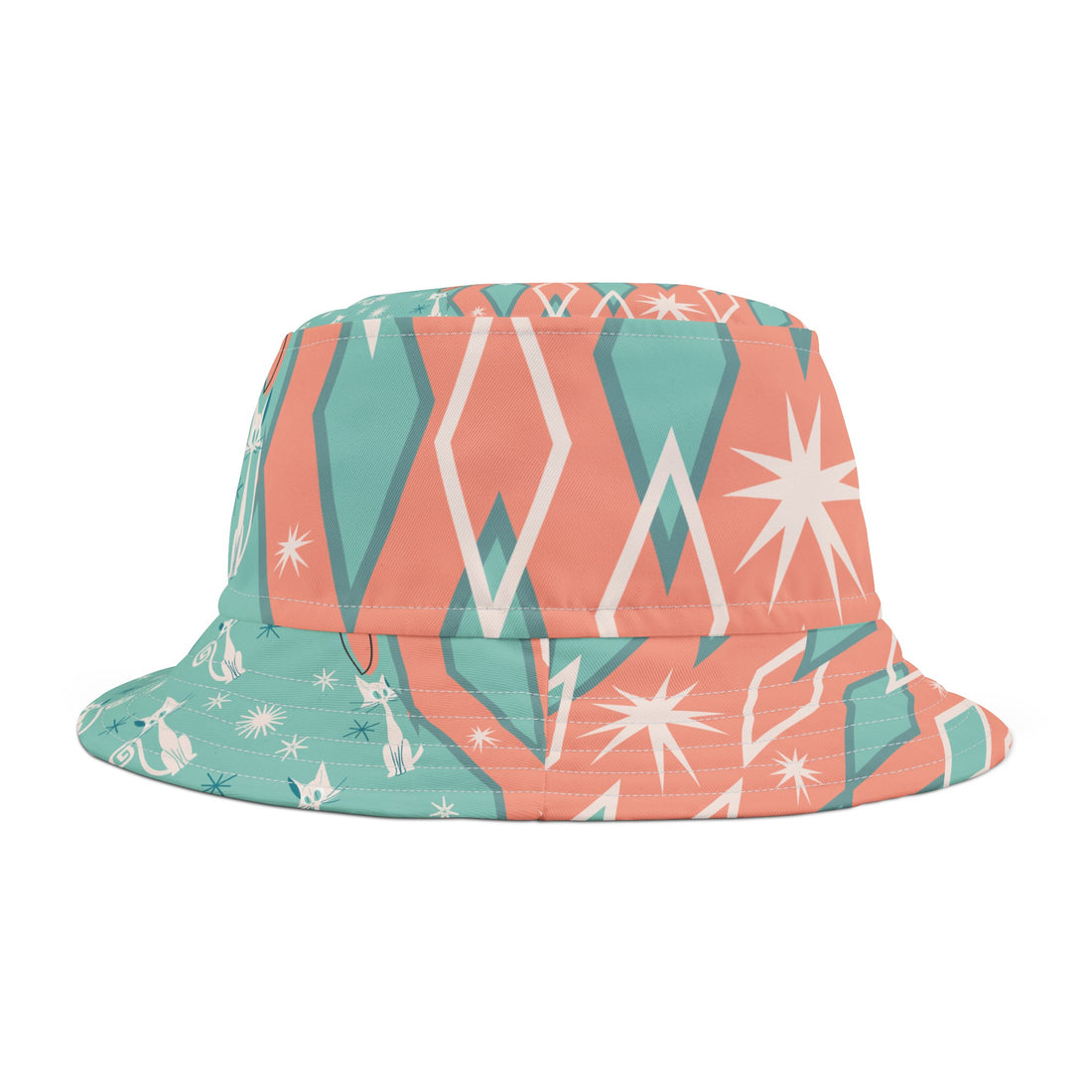 Atomic Kittie Cats, Coral, Aqua, Kitschy Cute Summer Mid Mod Retro Bucket Hat