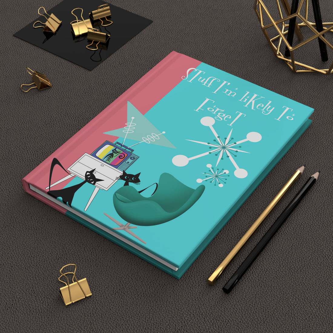 Atomic Cats Hardcover Journal Notebook, Pink, Aqua Blue, Daily Planner Book - Mid Century Modern Gal
