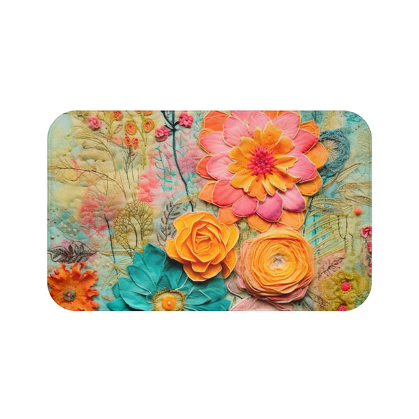 Boho Bathroom Rug, Retro Chic Floral, Hippie 70s Style, Bath Mat