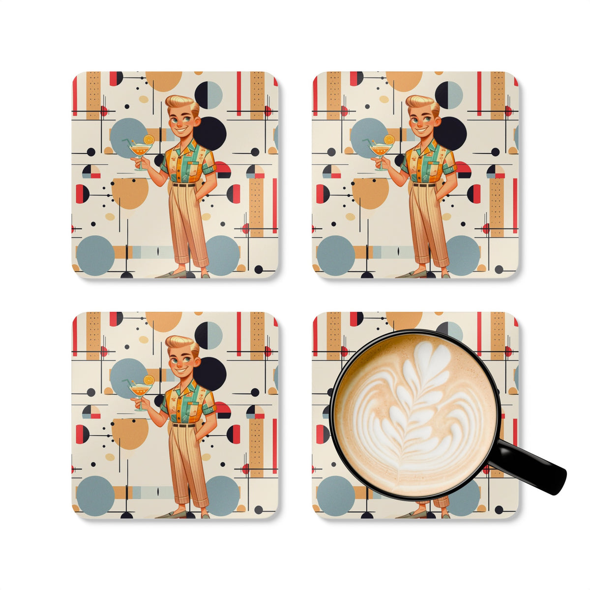 Mid Century Modern Dude, Bauhaus Designed Mod Corkwood Coaster Set - Mid Century Modern Gal