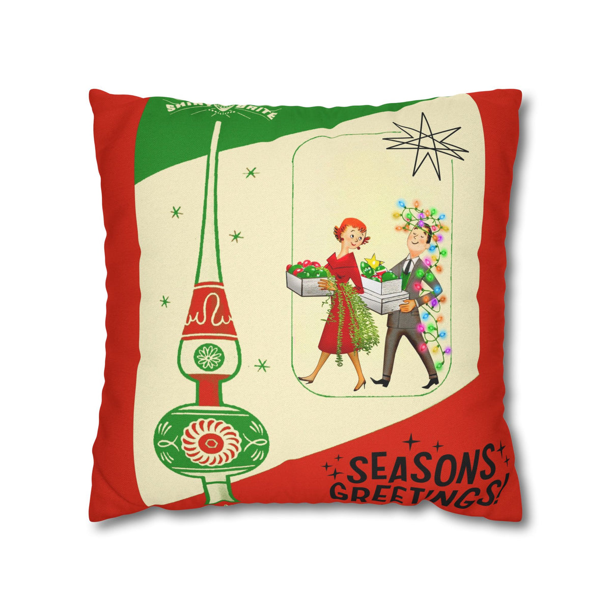 Shiny Brite Holiday Pillow Cover, Mid Century Modern Kitschy Couple Season Greetings - Mid Century Modern Gal