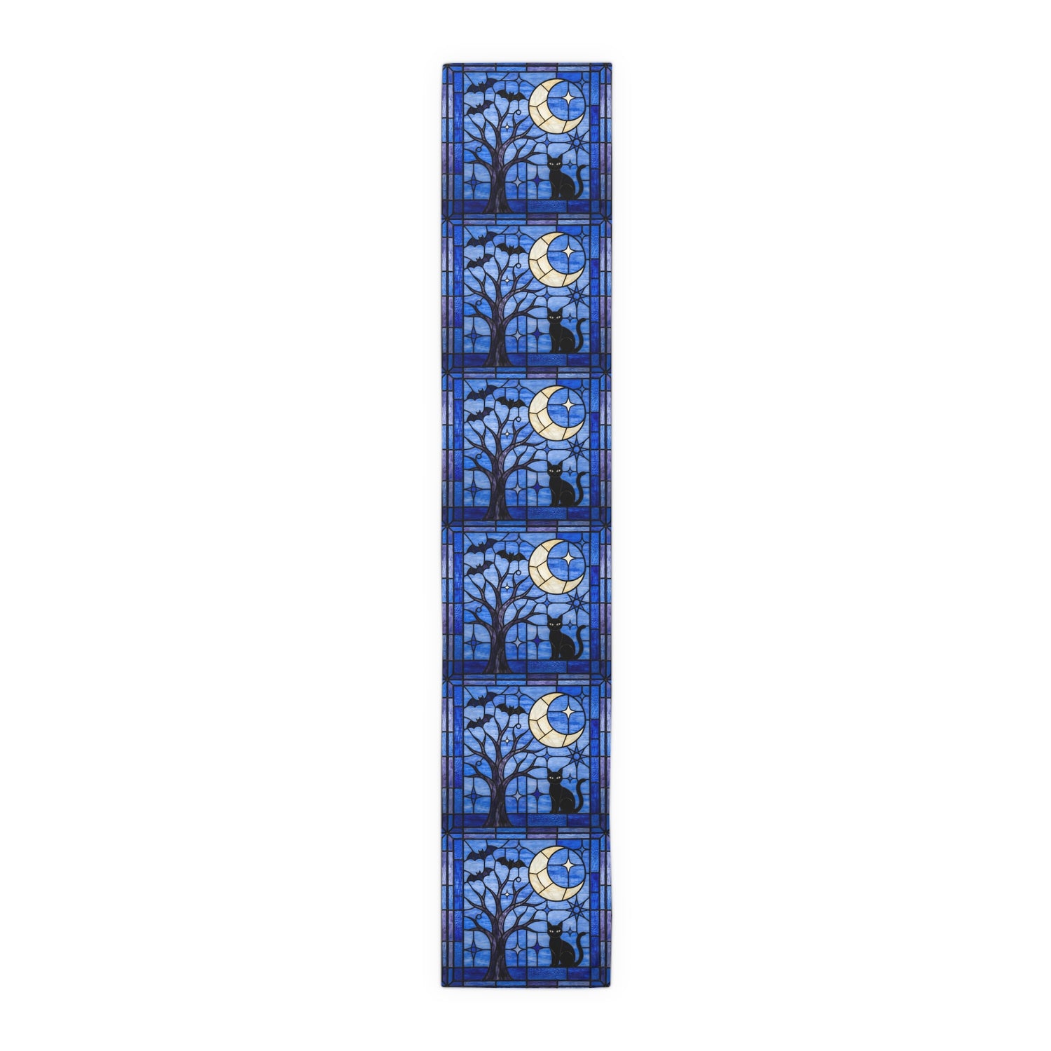 Halloween Stained Glass Style Night Sky Black Cat Table Runner