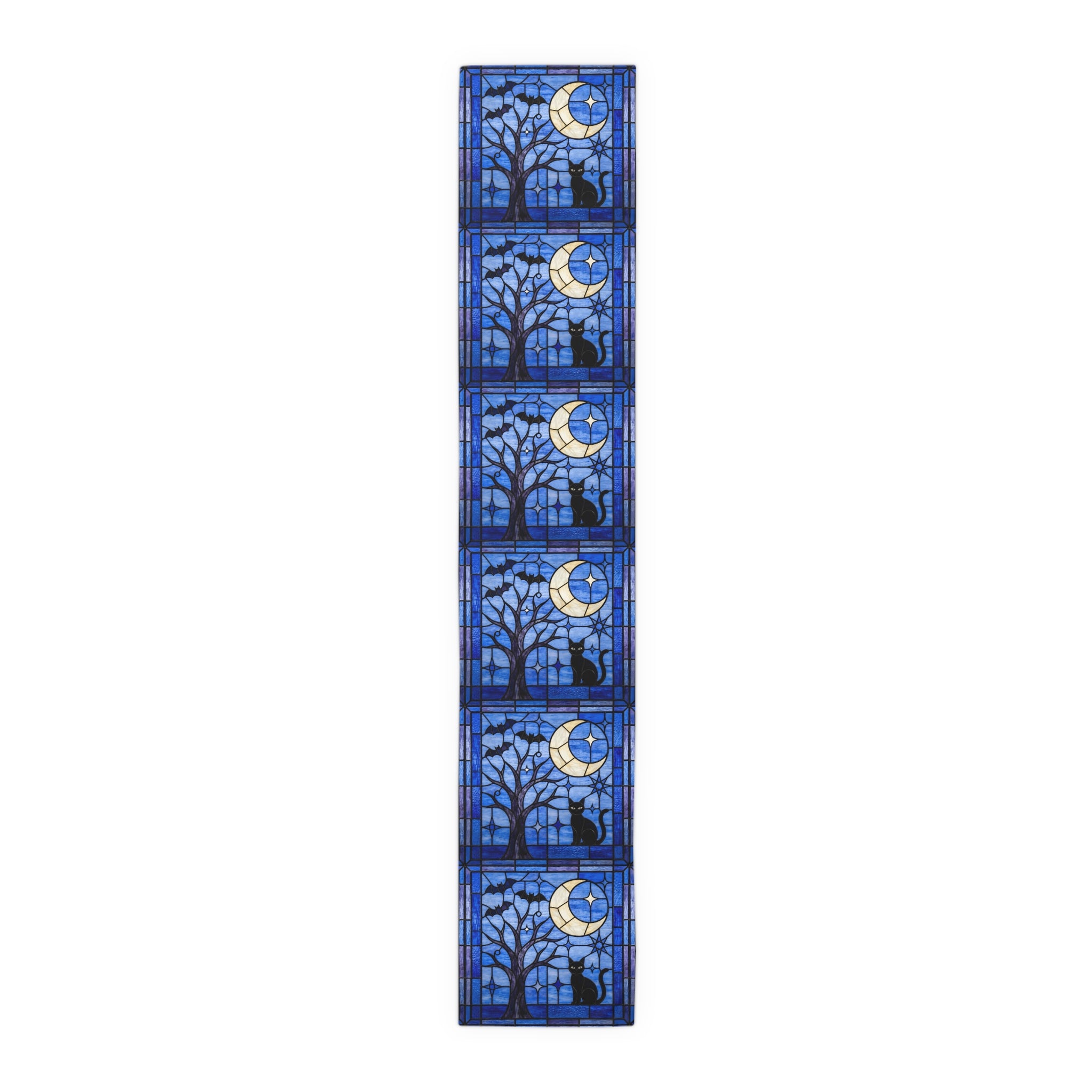 Halloween Stained Glass Style Night Sky Black Cat Table Runner