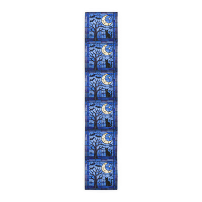 Halloween Stained Glass Style Night Sky Black Cat Table Runner