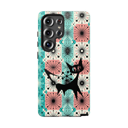 Atomic Kitschy Cat, Mid Century Modern Pink, Aqua Starbursts Tough Phone Case
