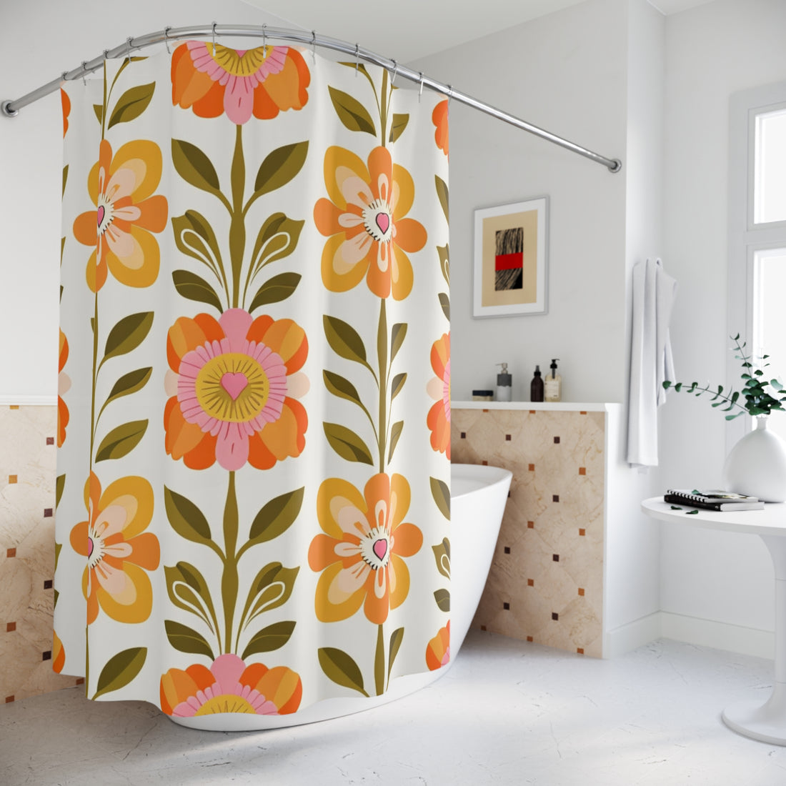 Scandinavian Floral Modern Danish Orange Yellow Green Boho Floral Shower Curtain - Mid Century Modern Gal