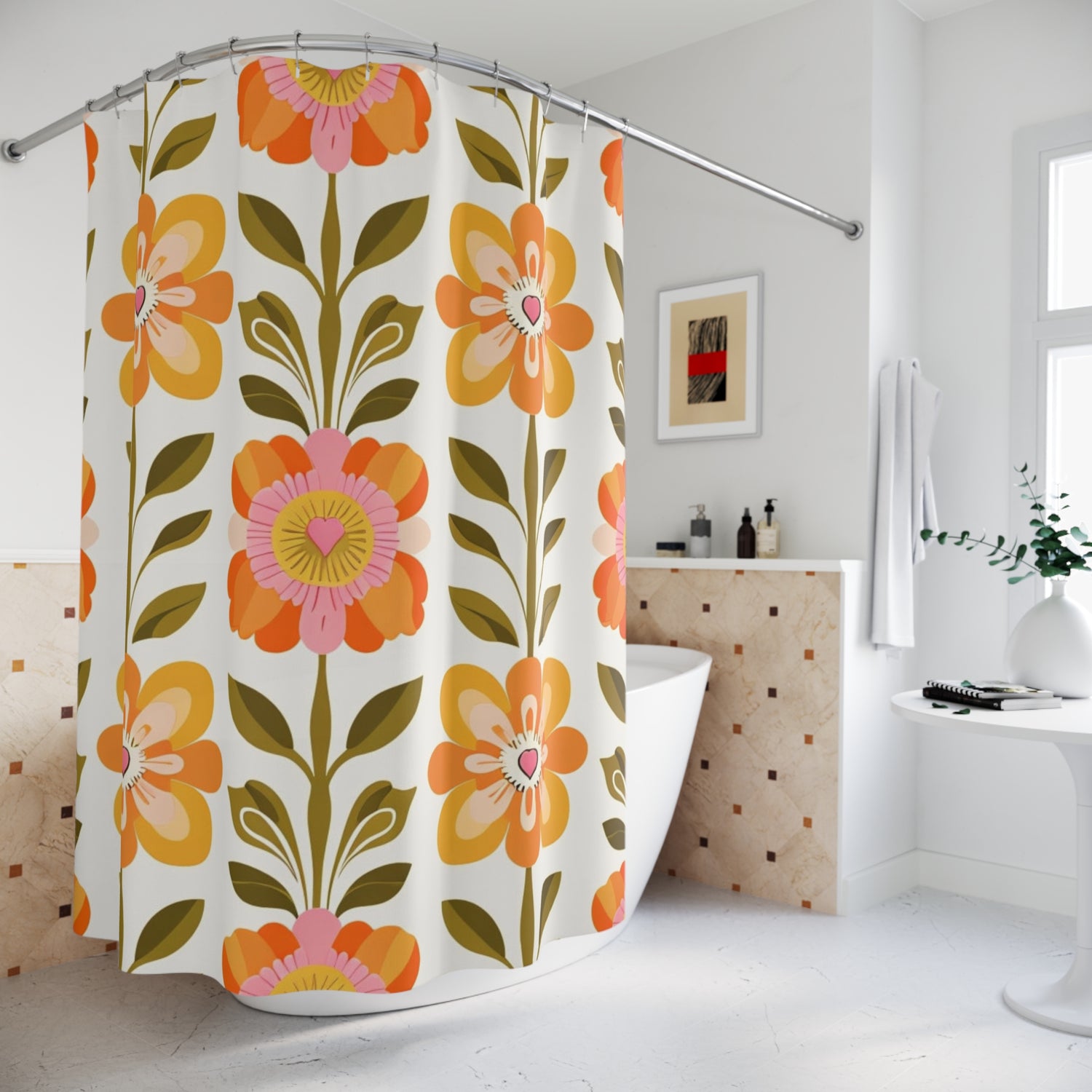 Scandinavian Floral Modern Danish Orange Yellow Green Boho Floral Shower Curtain - Mid Century Modern Gal