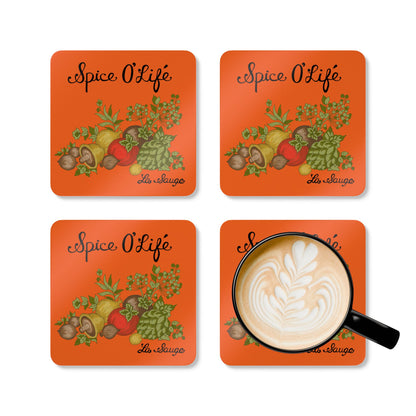 70s Spice Of Life, Corningware Inspired Orange Kitschy Kitchen Corkwood Coaster Set