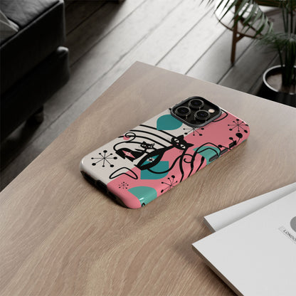 Mid Mod Atomic Cat Boomerang Starburst, Pink, Black Kitschy Stylish Cat Phone Case: Modern Design for Cat Lovers