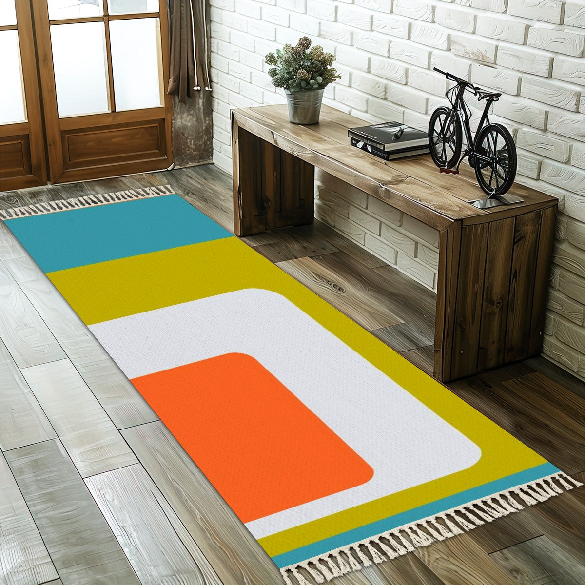 Retro Groovy Green, Orange, Blue White MCM Runner Rug with Tassels - Mid Century Modern Gal