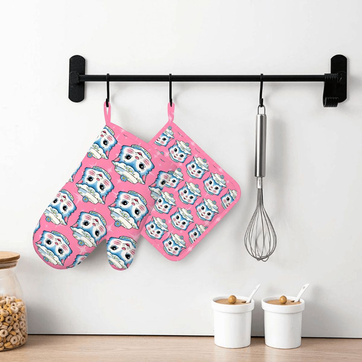 Mid Century Modern Kitschy Anthropomorphic Blue Cat with Floral Hat Silicone Oven Mitts and Pot Holders Sets (Right) - Mid Century Modern Gal