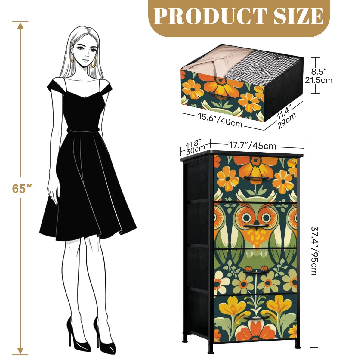 Retro Owl Flower Power Groovy 70s Floral Green, Orange Fall 4-Drawer Dresser - Mid Century Modern Gal