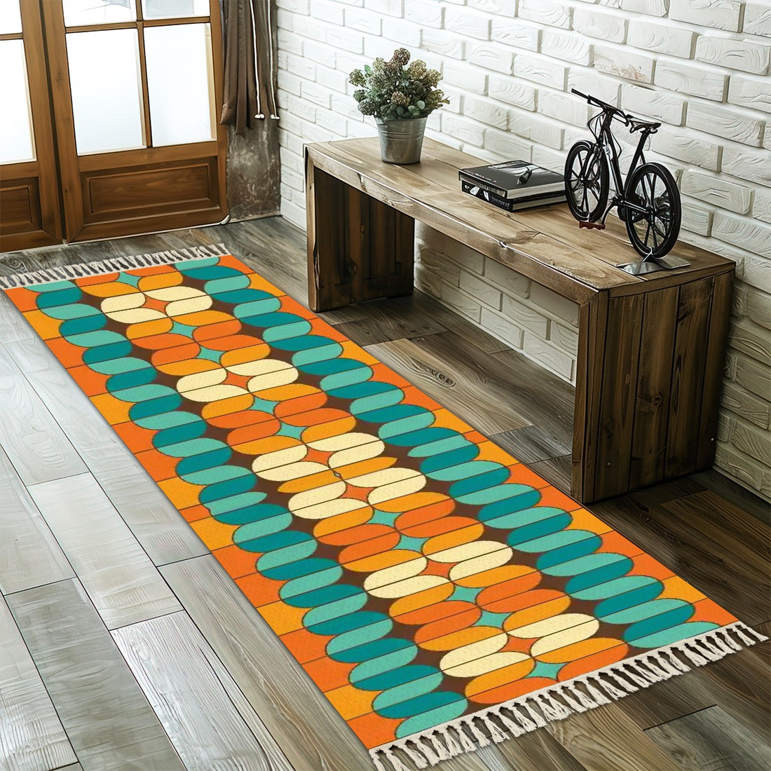 Mid Century Modern Orange Teal, Geometric Mod Rug Runner - Mid Century Modern Gal