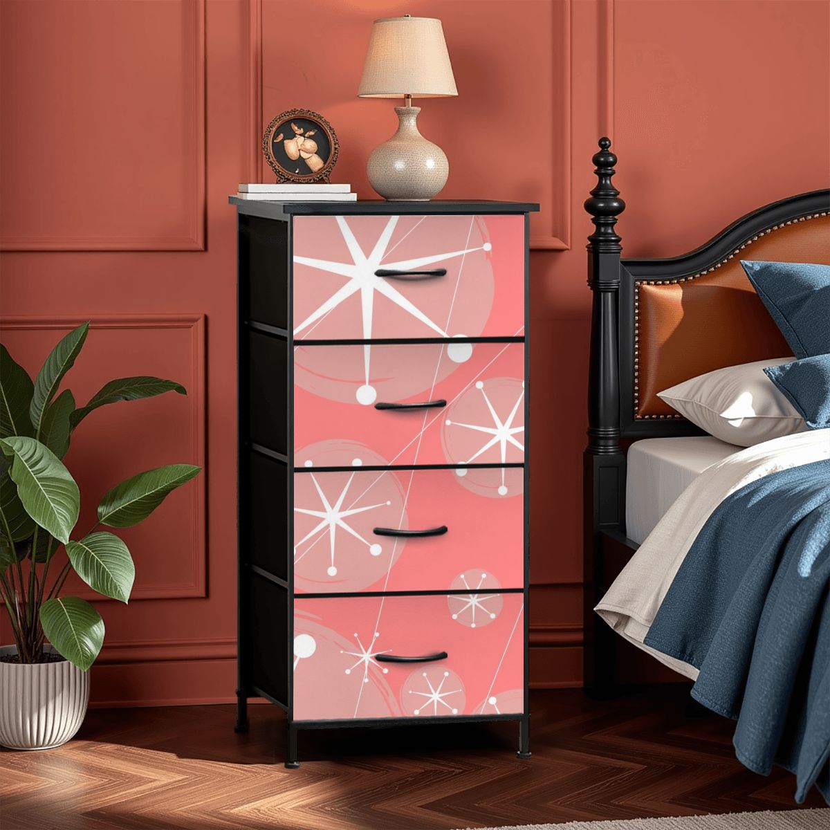 Atomic 50s Pink, Starburst Mid Century Modern 4-Drawer Dresser - Mid Century Modern Gal