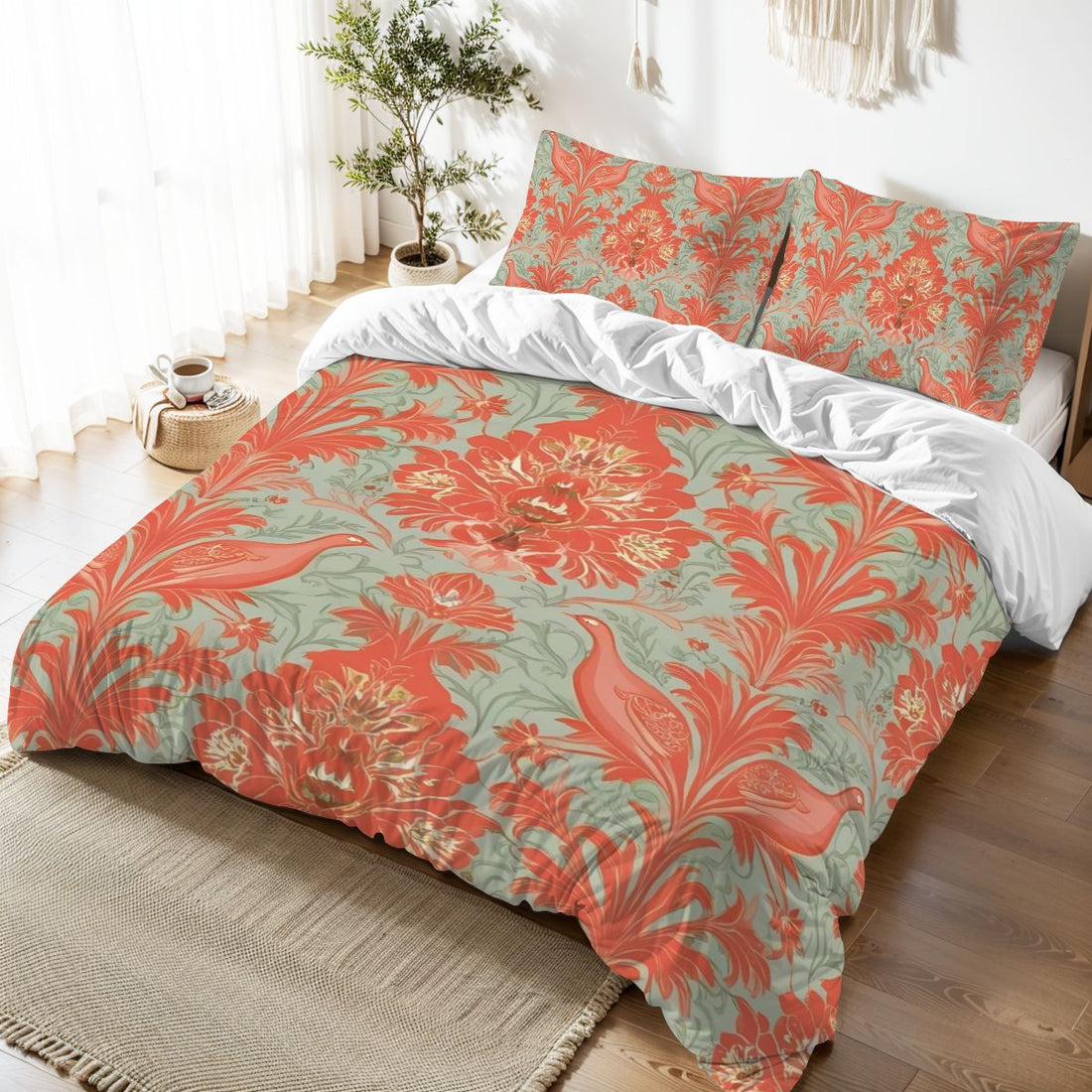 Chinoiserie Coral, Green Floral Botanicals Exotic Bird Queen Duvet Cover Set - Mid Century Modern Gal