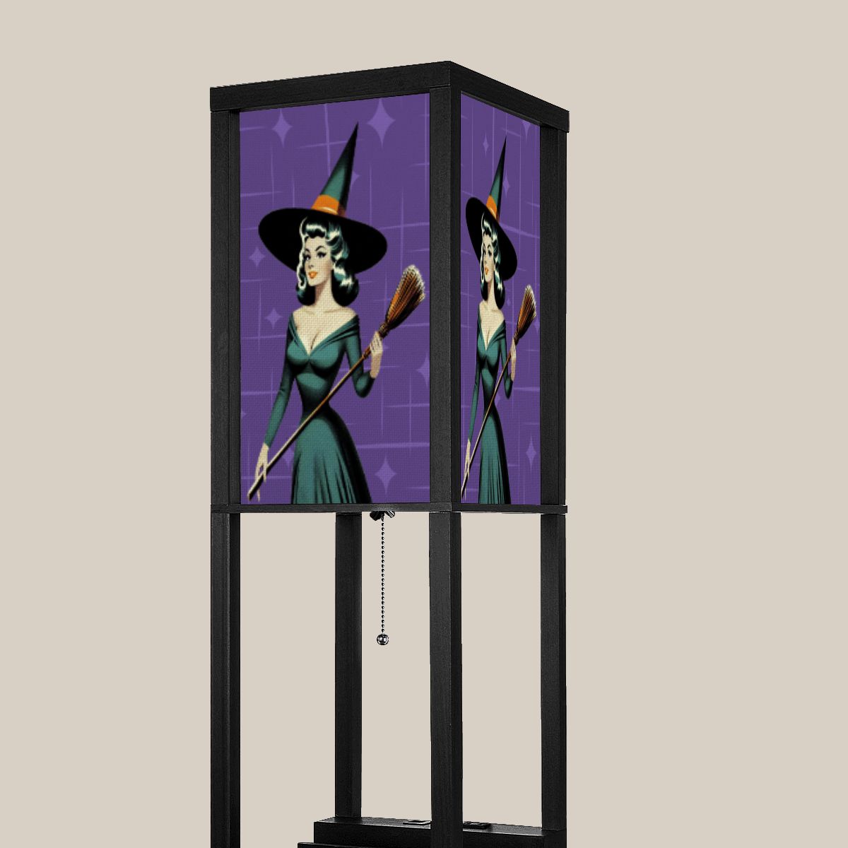 Mid Century Modern Vintage Pin Up Witch Purple Teal Halloween Lampshade for Floor Lamp with Shelves - Lampshade Only - Mid Century Modern Gal