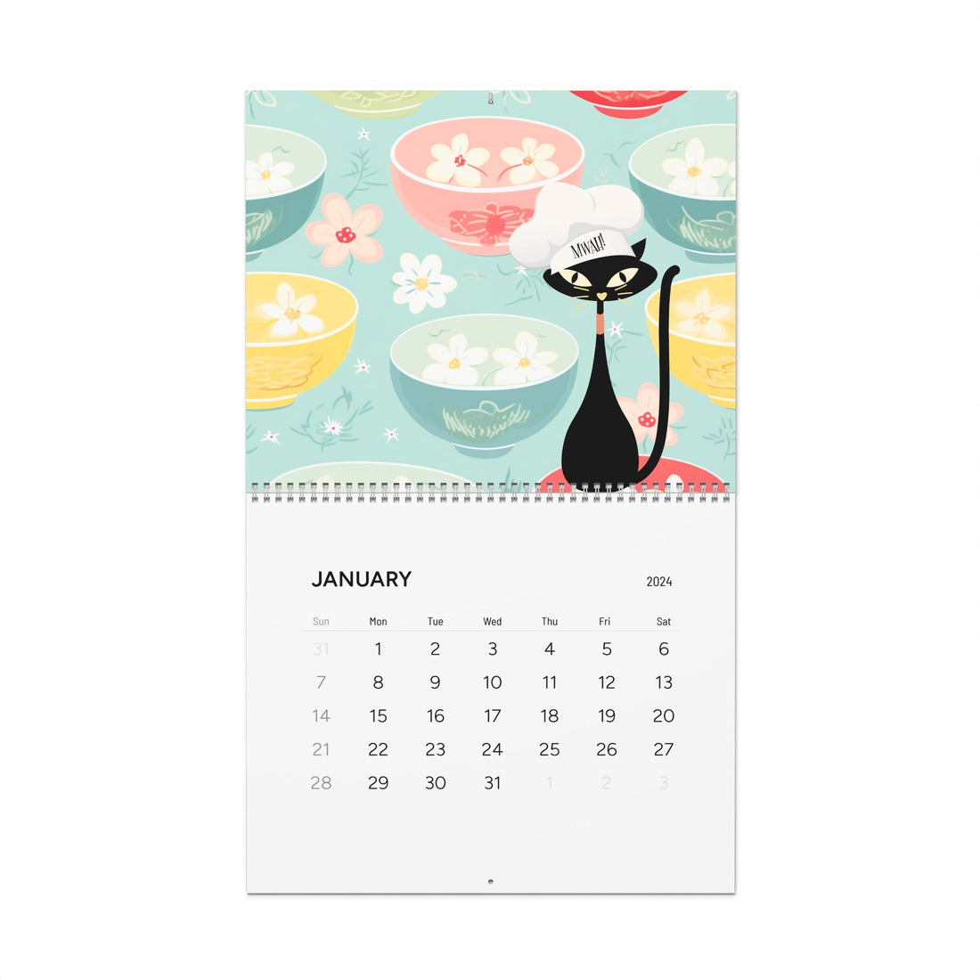 Pyrex Vintage Kitchen, Kitschy Atomic Kitties, Pyrex Lover Wall Calendars (2024) Calendar 14&quot; x 11.5&quot; / Glossy