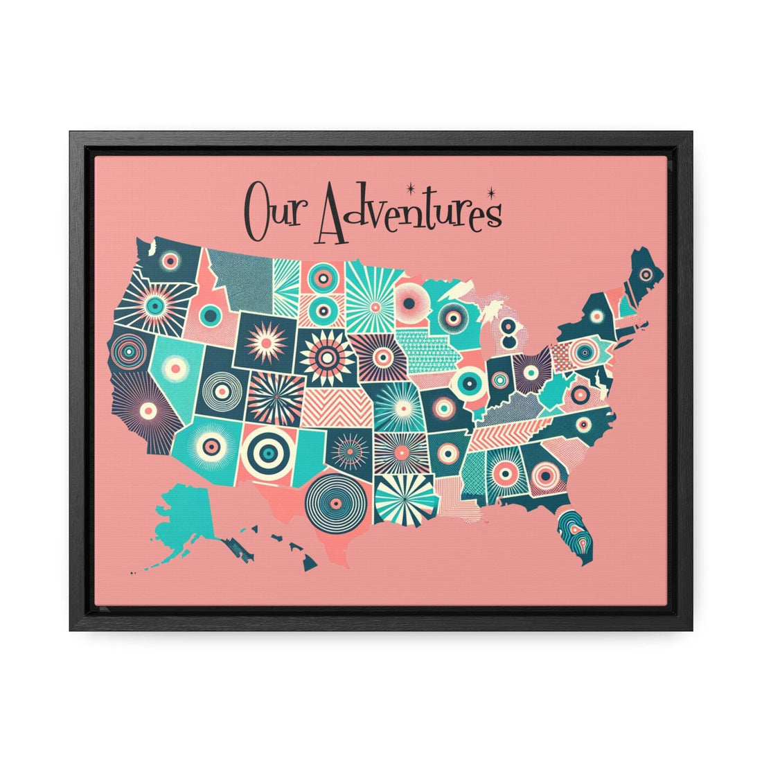 USA Push Pin Map, Our Adventures, Mid Century Modern Atomic Pinks, Aqua, Mid Mod Office, Den, Gallery Wall Canvas Art Canvas 14″ x 11″ / Black / Premium Gallery Wraps (1.25″)