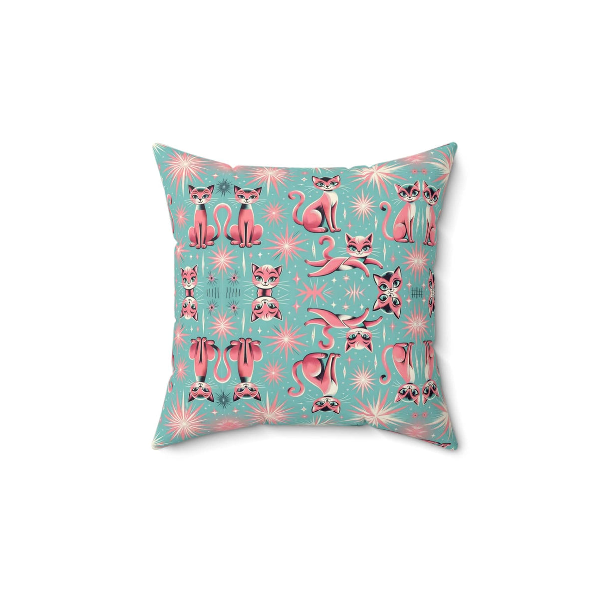1950's Pink Kitty Cats, Quirky Kitschy Aqua Blue, Pink, MCM Pillow And Cover Home Decor 14" × 14"