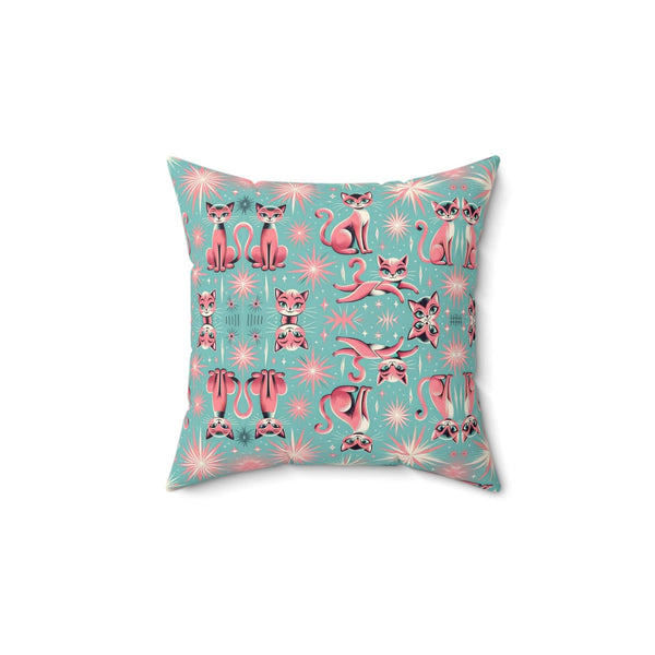 1950's Pink Kitty Cats, Quirky Kitschy Aqua Blue, Pink, MCM Pillow And Cover
