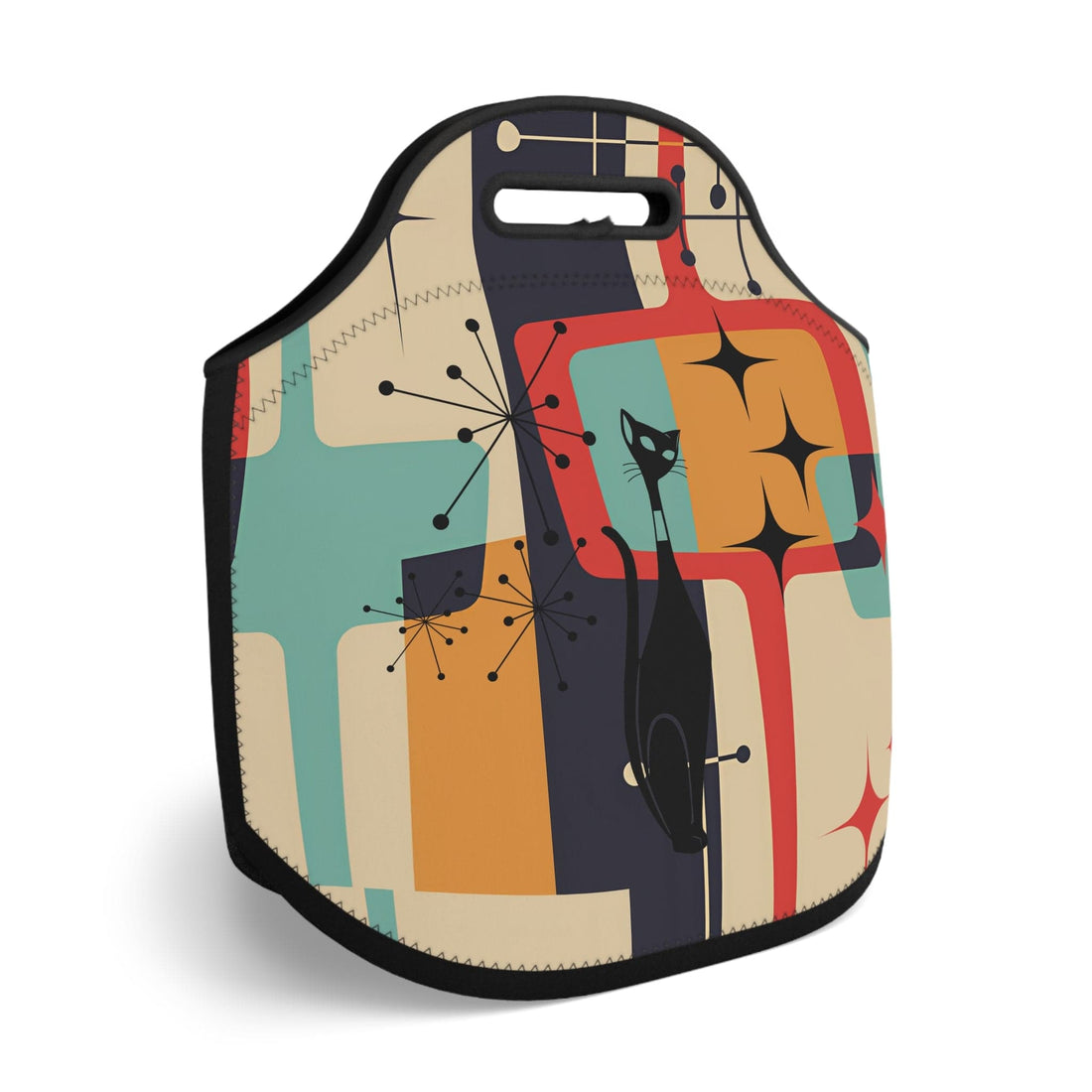 Atomic Cat, Mid Mod Geometric Cool, Kitsch Adult Retro Neoprene Lunch Bag Bags 14&quot; × 14&