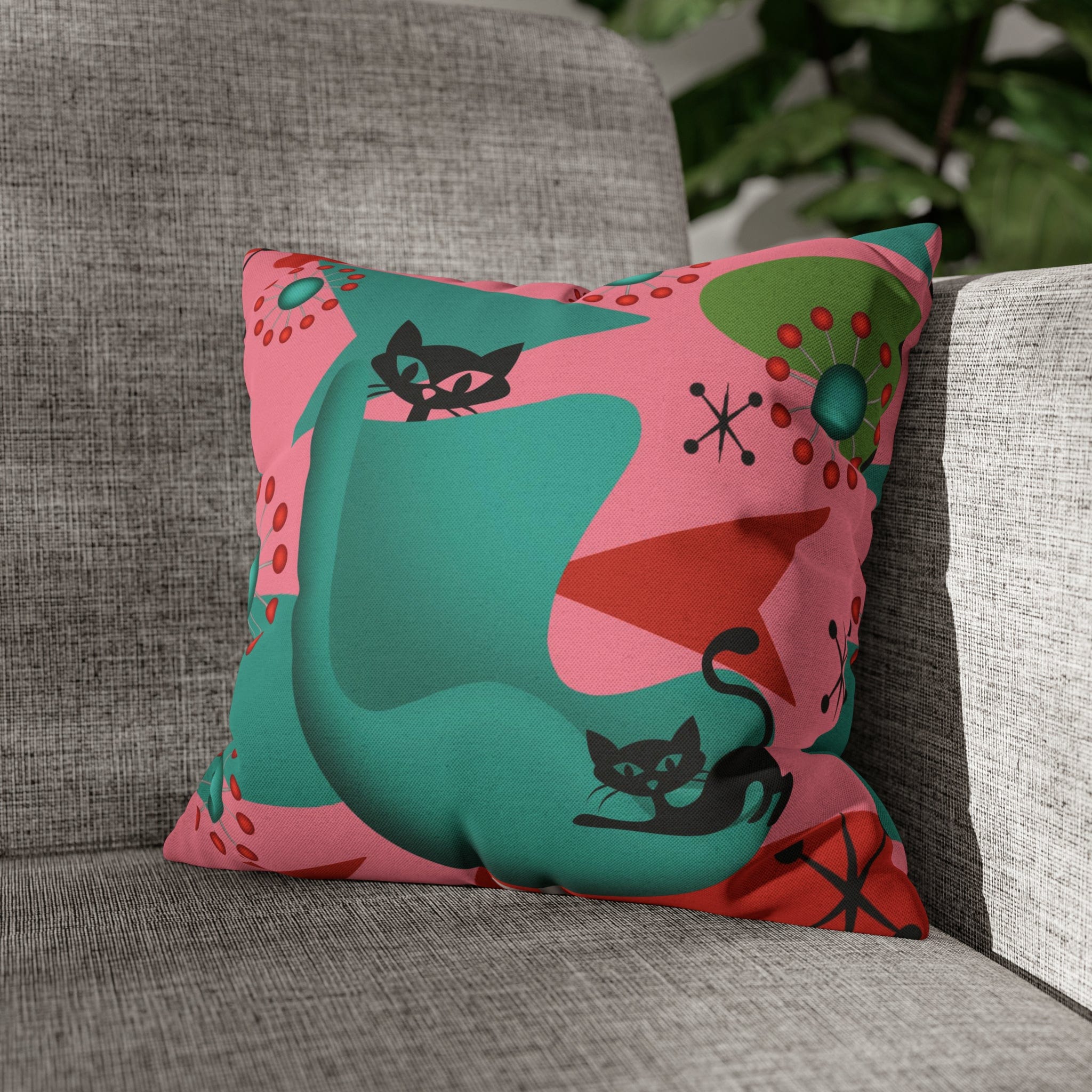 Atomic Cat Pillow Cover, Mid Century Design, Pink, Green, Aqua Kitsch Fun Atomic Era Pillow Case Home Decor 14&quot; × 14&quot;