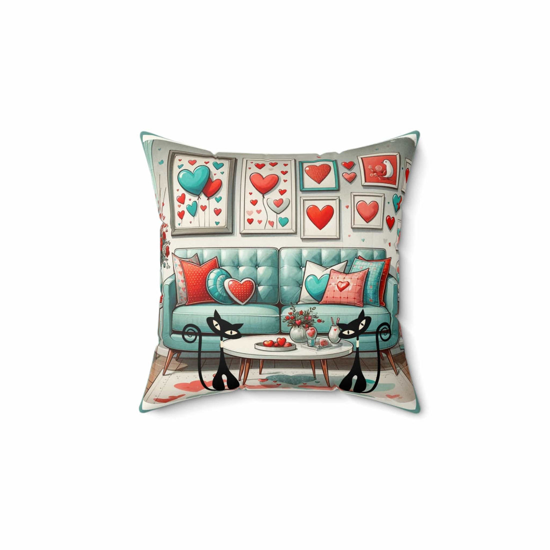 Atomic Cat Valentine Kitsch, Aqua, Red, Mid Century Modern, Valentine Love Pillow And Insert Home Decor 14&quot; × 14&quot;