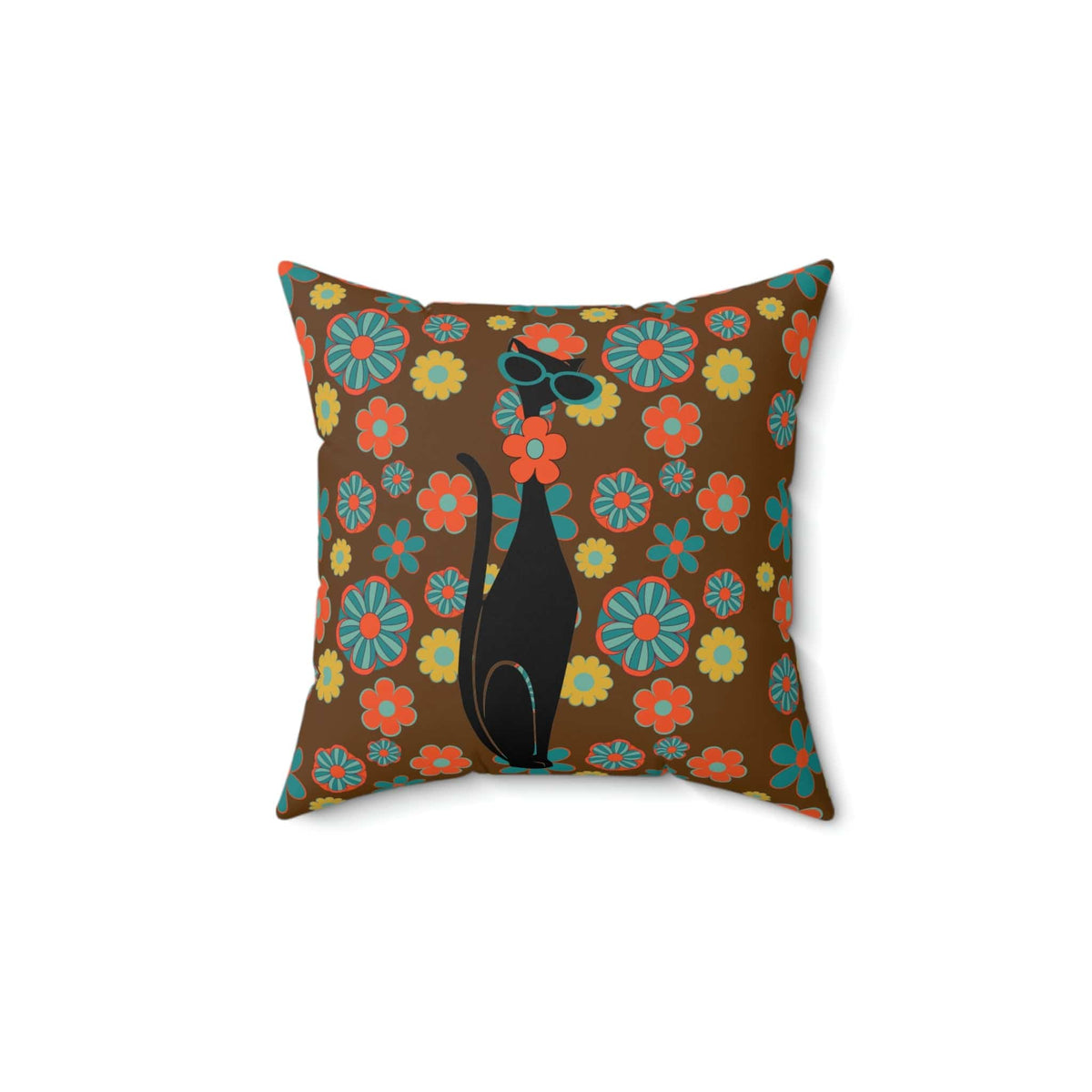 Flower Power, Groovy Atomic Hippie Cat, Brown, Orange, Teal Yellow Retro Square Pillow Home Decor 14" × 14"
