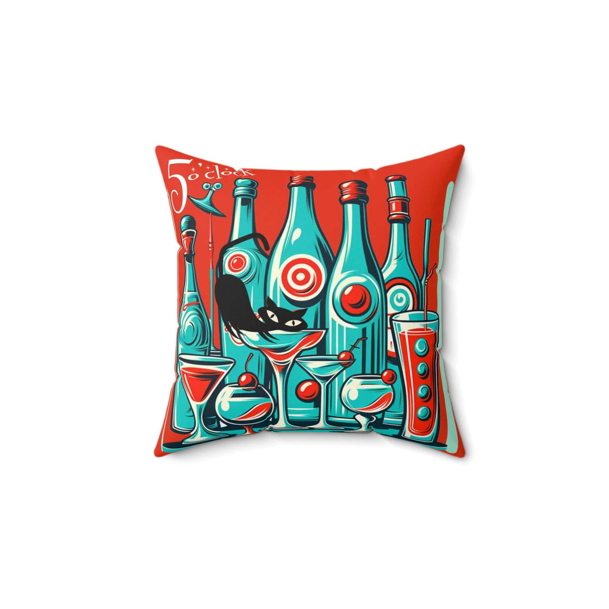It's 5'oclock Somewhere, Mid Century Modern 50s, 60s Cocktail Party, Red, Aqua Pillow And Insert With Atomic Cat Home Decor 14" × 14"
