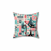 Kitschy Atomic Valentine Cat, Mid Century Modern, Aqua, Pink, Teal, Love Pillow And Insert Home Decor 14" × 14"