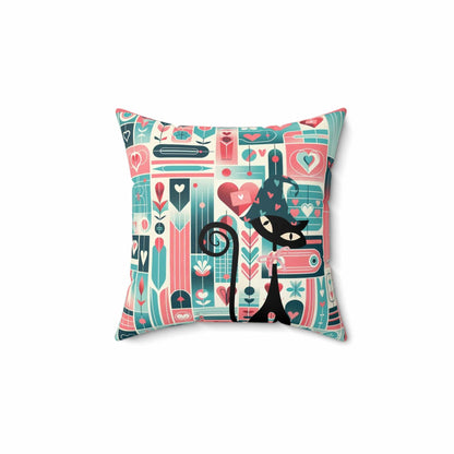 Kitschy Atomic Valentine Cat, Mid Century Modern, Aqua, Pink, Teal, Love Pillow And Insert Home Decor 14&quot; × 14&quot;