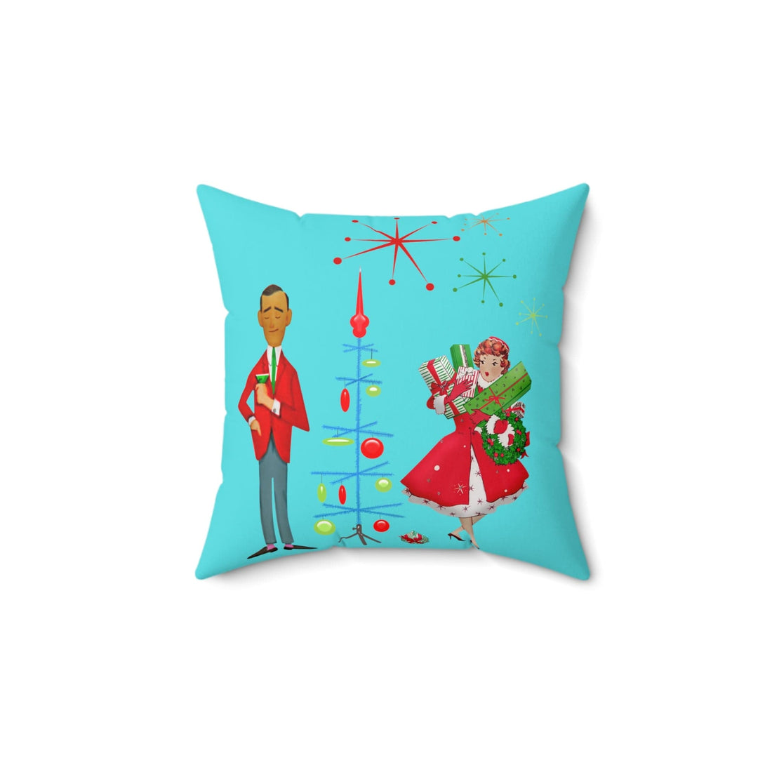 Mid Century Christmas, His And Her, Kitschy Cute, Vintage Mod Aqua Blue, Red, Candy Cane Pillow And Insert Home Decor 14&quot; × 14&quot;