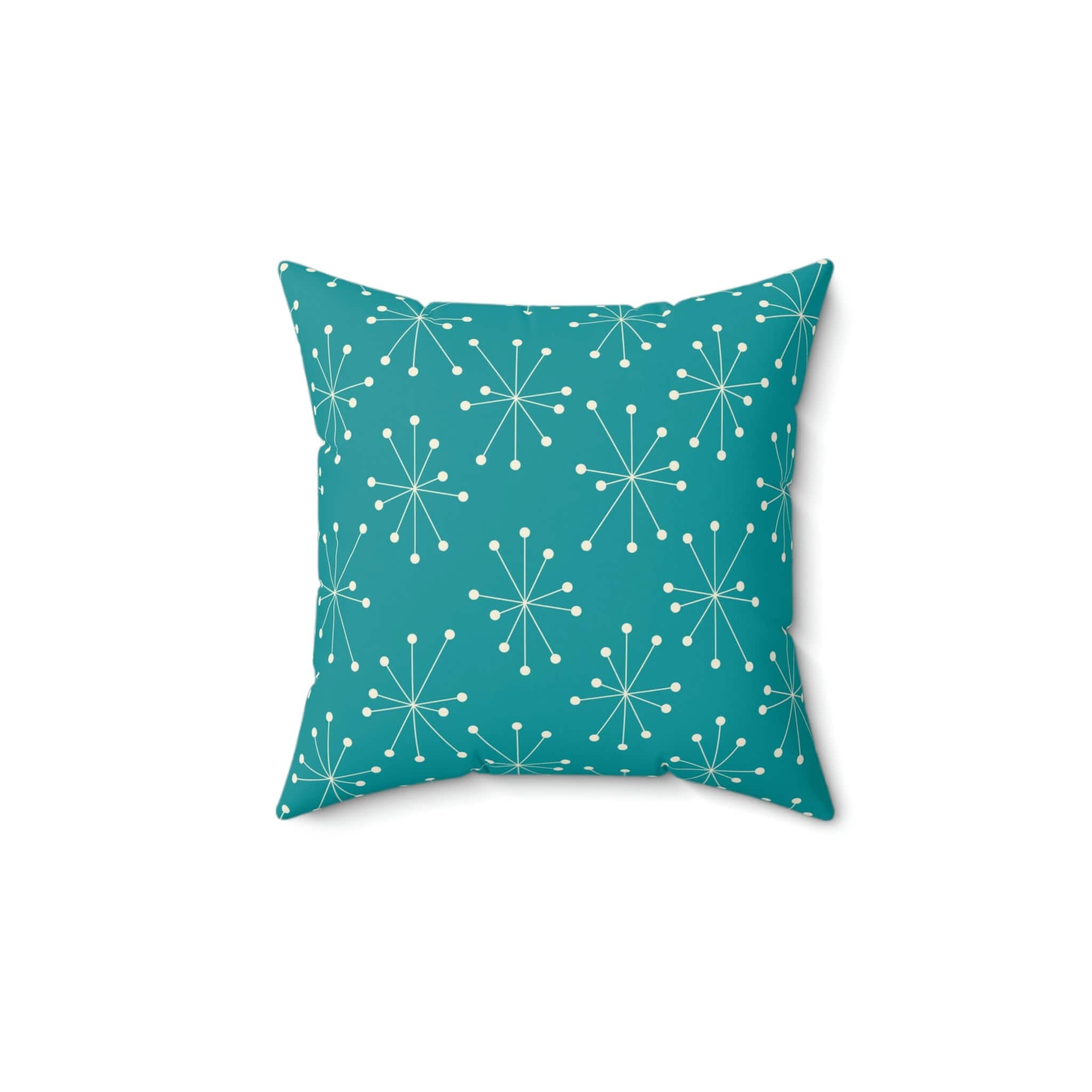 Mid Century Modern Atomic Aqua Blue, Starburst Retro Square Pillow Home Decor 14&quot; × 14&quot;