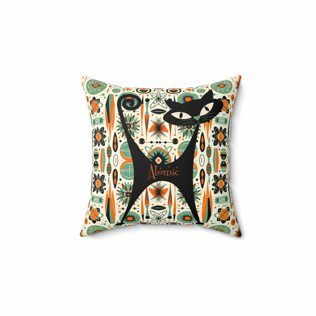 Mid Century Modern Atomic Cat, Orange, Green, Sputnik, Starburst MCM Retro Pillow And Insert Home Decor 14&quot; × 14&quot;