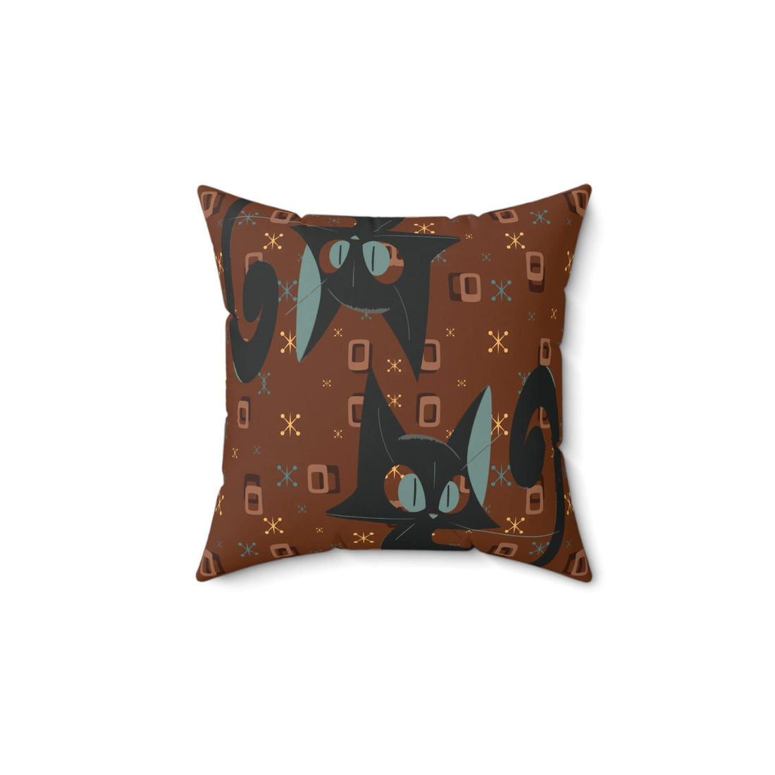 Mid Century Modern Atomic Space Kitty Cat, Kitschy Retro Brown, Geometric, Starbursts, MCM Pillow And Insert Home Decor 14&quot; × 14&quot;