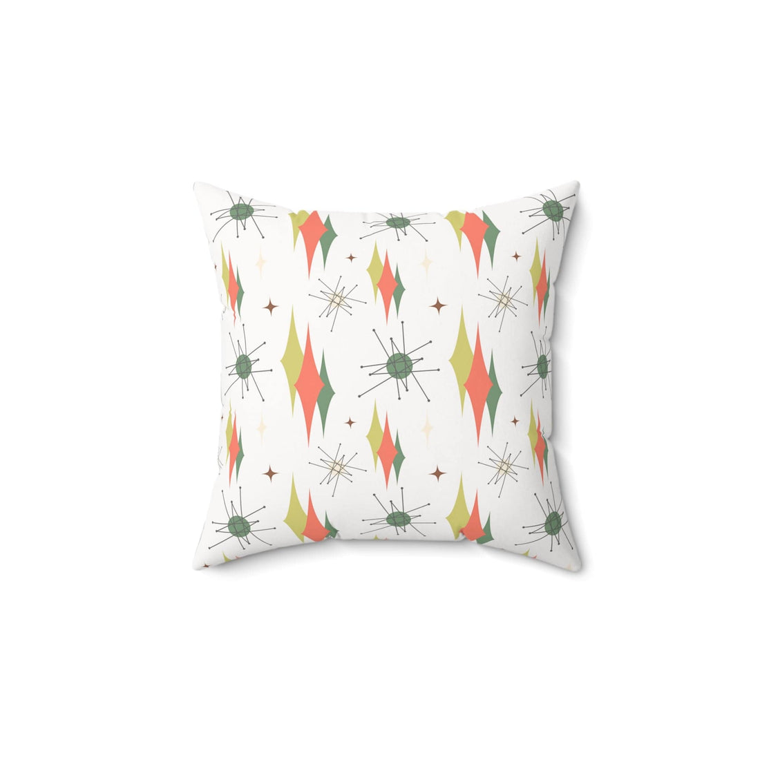 Mid Century Modern Atomic Starbursts, Franciscan Pattern, Orange, Green, Pillow And Insert Home Decor 14&quot; × 14&quot;