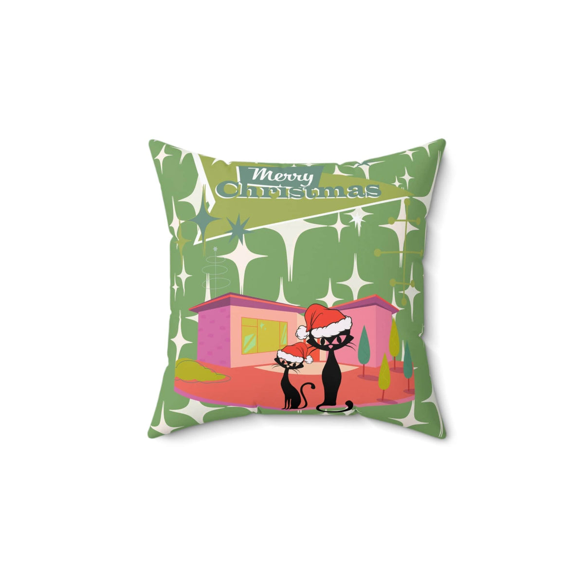 Mid Century Modern Christmas Atomic Cat, Kitschy 50's Christmas Home Decor Green Starburst Spun Polyester Square Pillow Home Decor 14" × 14"