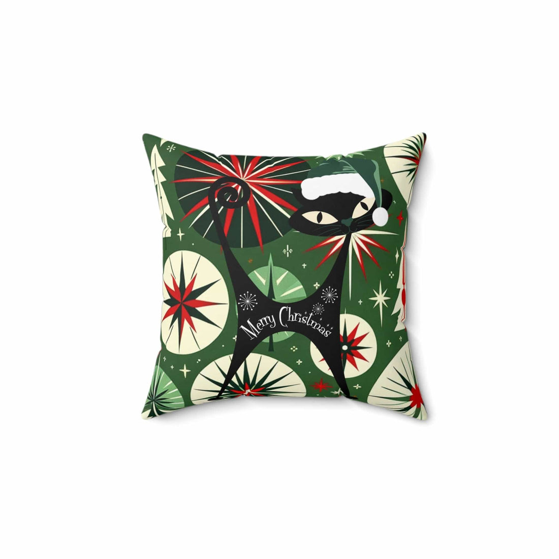 Mid Century Modern Christmas Pillow, Atomic Cat, Starbursts, Sputnik Designs, Green, Red Pillow And Insert Home Decor 14&quot; × 14&quot;