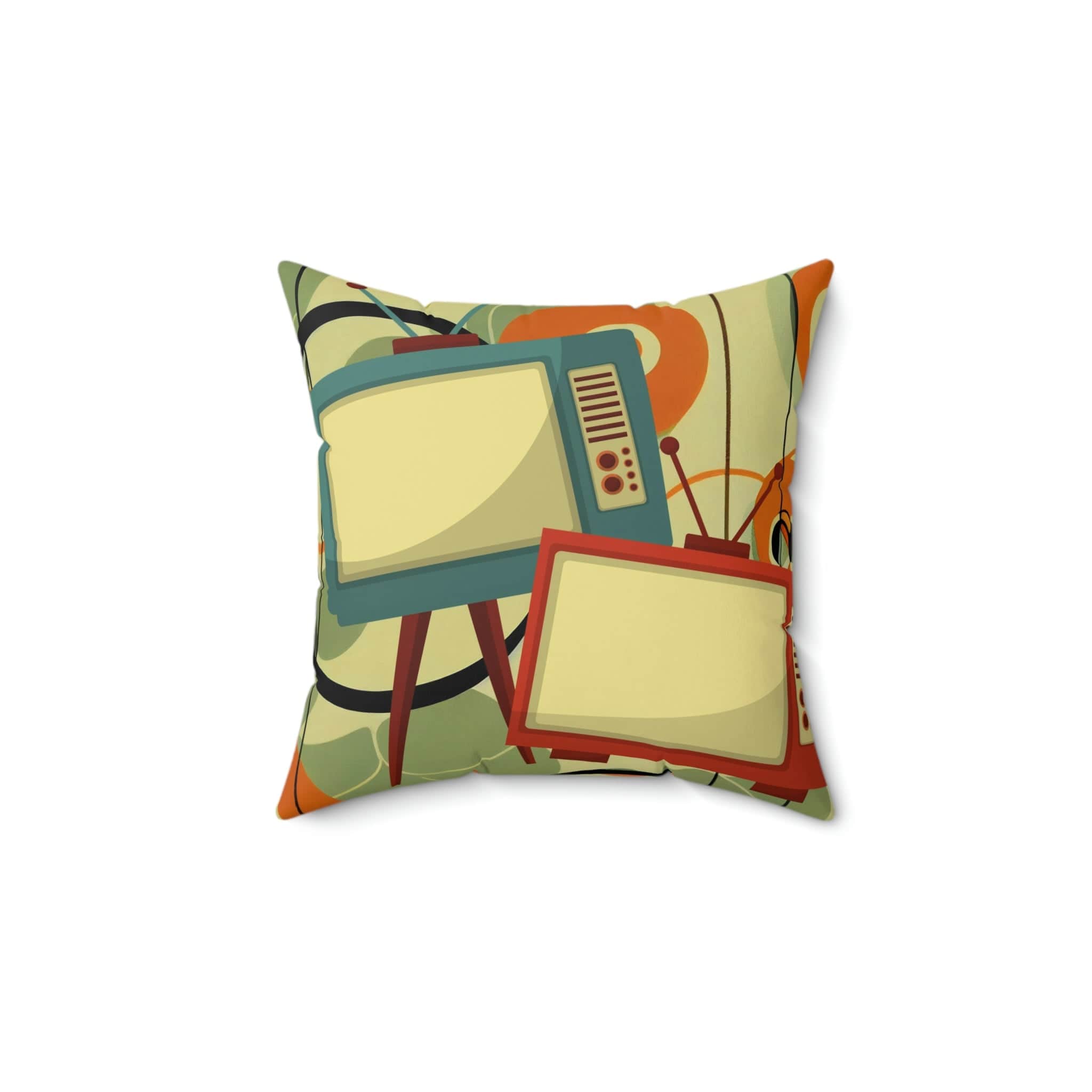 Mid Century Modern, Fun, Green, Orange Mod TV, Retro Square Pillow Home Decor 14&quot; × 14&quot;